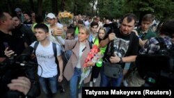Един от лидерите на опозицията Любов Собол по време на съботния протест в Москва