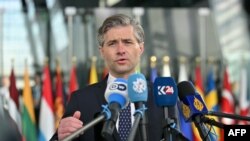 Министр иностранных дел Литвы Кястутис Будрис во время встречи руководителей внешнеполитических ведомств стран НАТО в Брюсселе, 4 апреля 2025 года